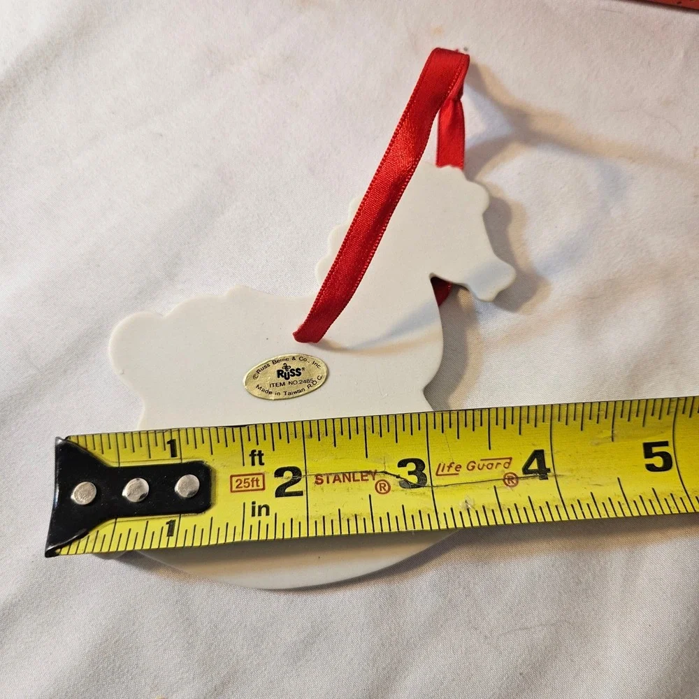 Russ Berrie Vintage Rocking Horse Ceramic Christmas Ornament 2485 White Red
